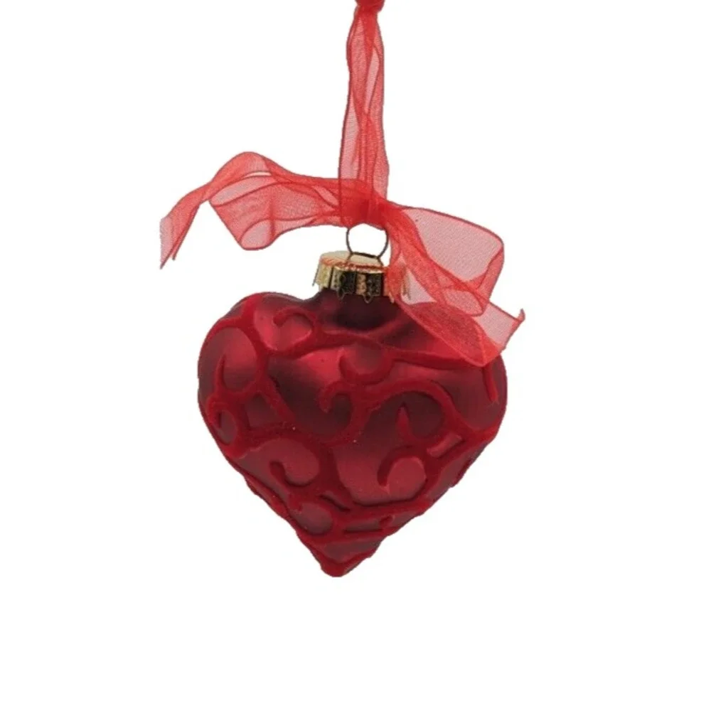 Red Heart Shaped Ornament with Flocked‎ Design